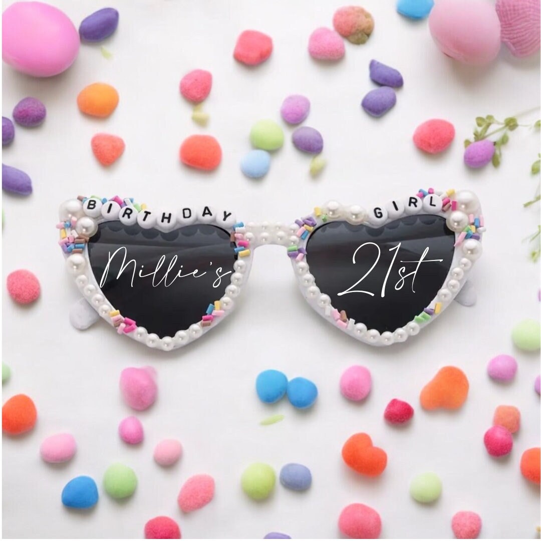 Personalised Birthday Girl Heart Shaped Sunglasses | Personalised Sunglasses Sticker | Viral TikTok Sunglasses | Party | Pink Sunglasses