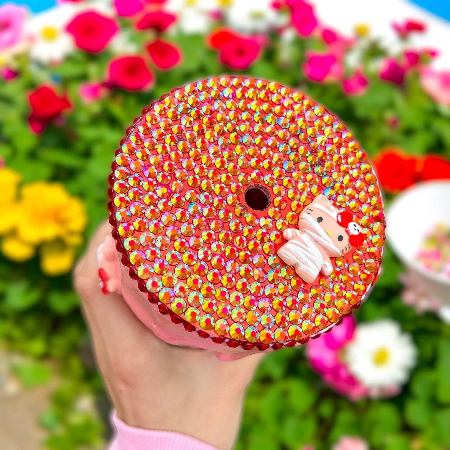 Pink Kitty 24oz Snowglobe Tumbler | Halloween Kitty | Rhinestone Drip Snow Globe | Spooky Season Cup