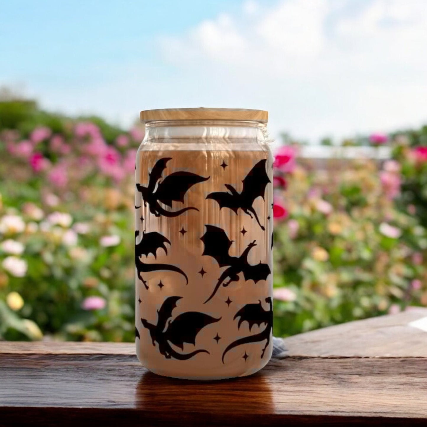 Dragons Fantasy 16oz Libbey Glass Cup | Tairn Dragon | Cute Glass | Iced Coffee Cup | Bamboo Lid | Fantasy Book Lover | Birthday Gift