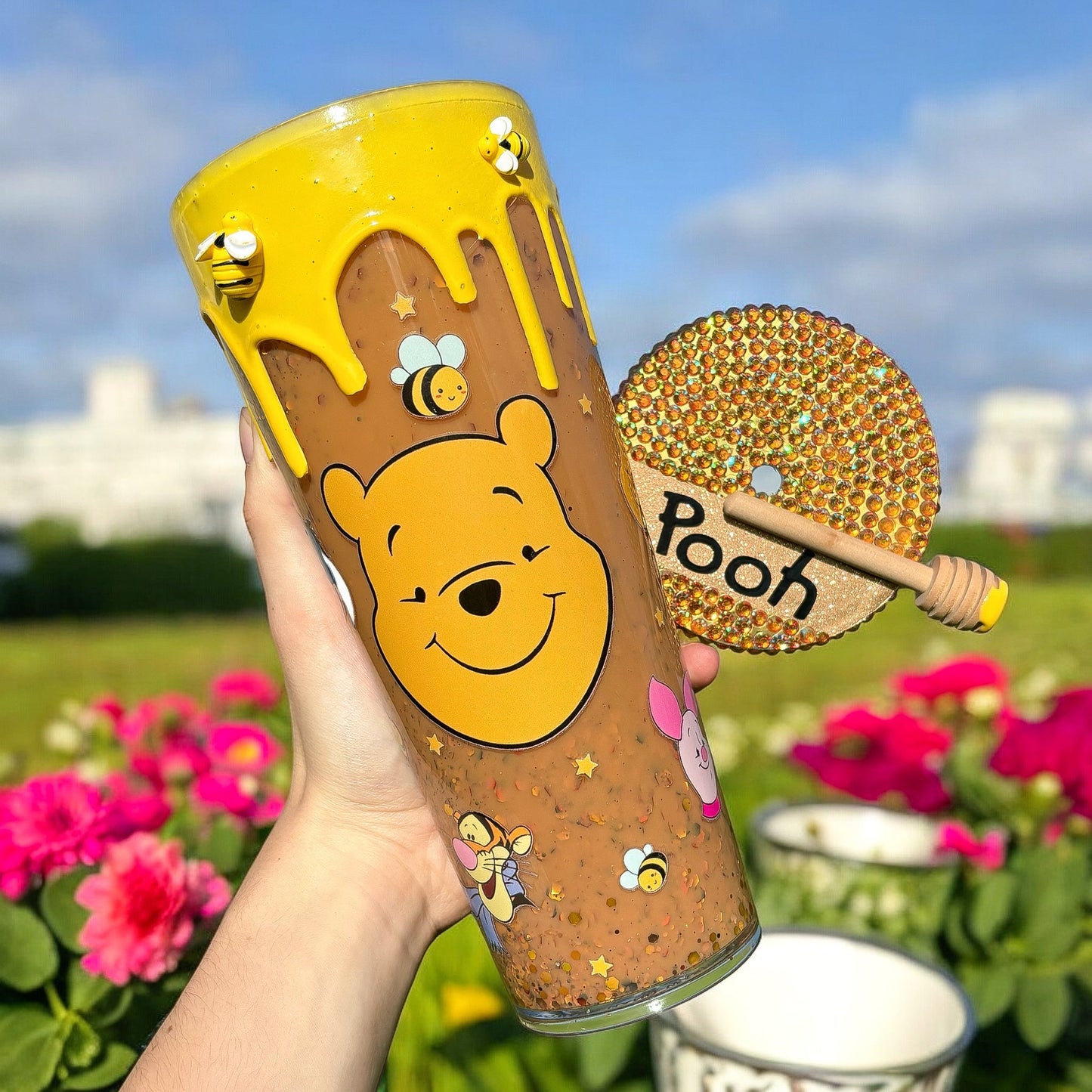 Spring Honey Bear Drip 24oz Snowglobe Tumbler | Starbucks Inspired | Rhinestone Lid | Honeycomb Cold Cup | Personalised Tumbler