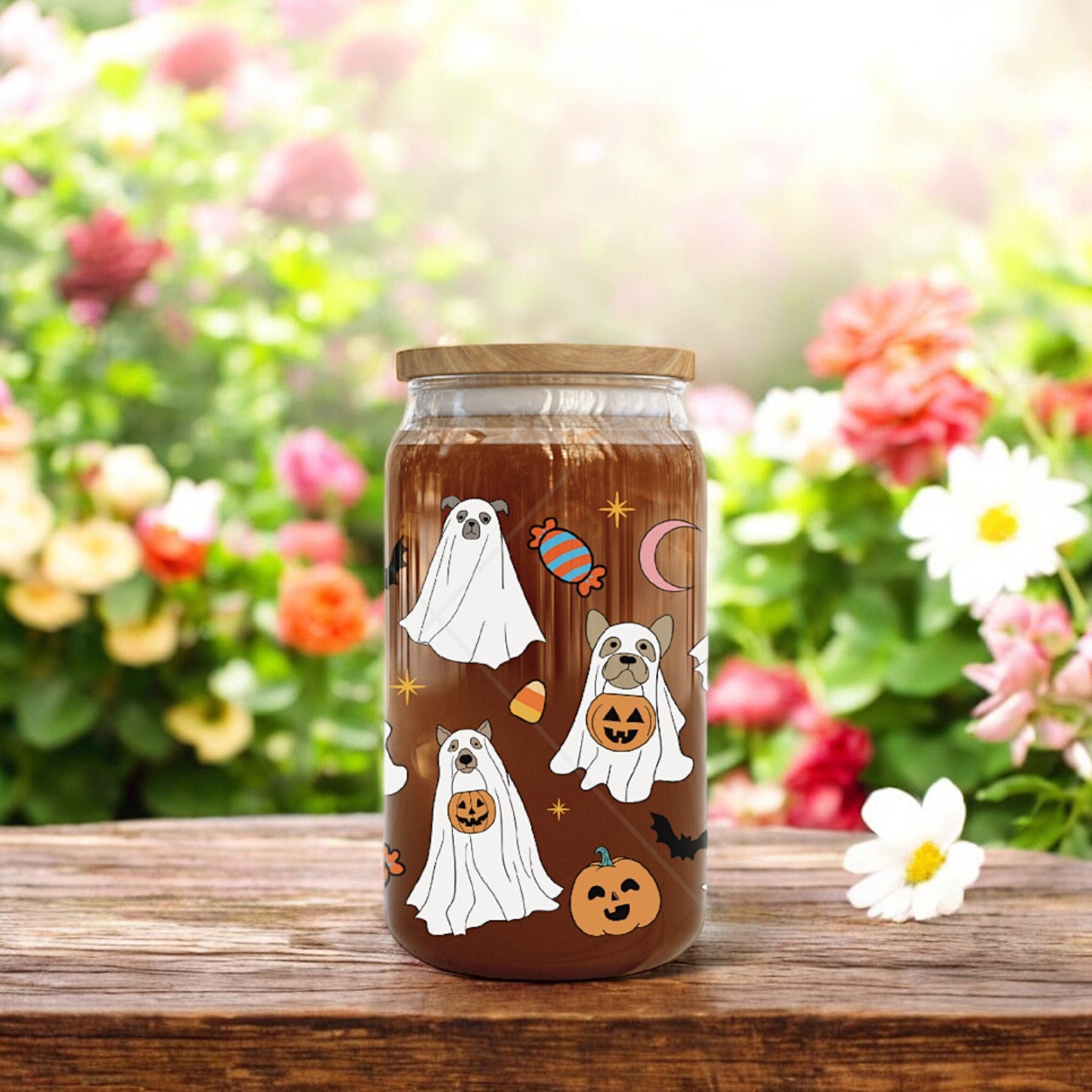 16oz Halloween Dog Ghost Glass Cup | Gifts for Halloween Lovers | Spooky Drinkware | Bamboo Glass Can with Glass Straw | Gifts for Friends