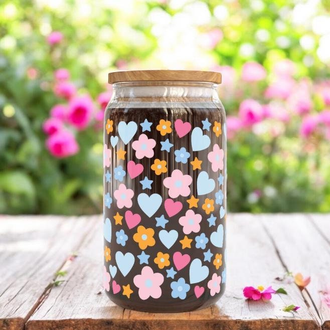 16oz Groovy Flowers Glass Cup | Christmas Stocking Filler | Cute Drinkware | Bamboo Glass Can with Glass Straw | Gifts for Friends