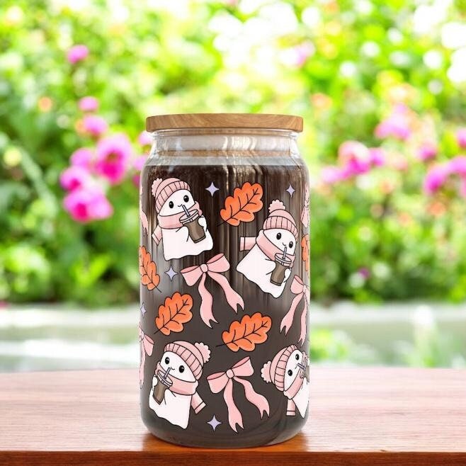 Cosy Ghost 16oz Glass Cup | Gifts for Halloween Lovers | Spooky Drinkware | Bamboo Glass Can with Glass Straw | Gifts for Friends