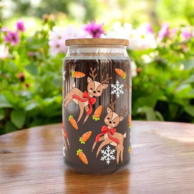 Christmas Reindeer 16oz Libbey Glass Cup | Cute Glass | Iced Coffee Cup | Bamboo Lid | Happy Libbey Cup 16Oz | Christmas Eve Box