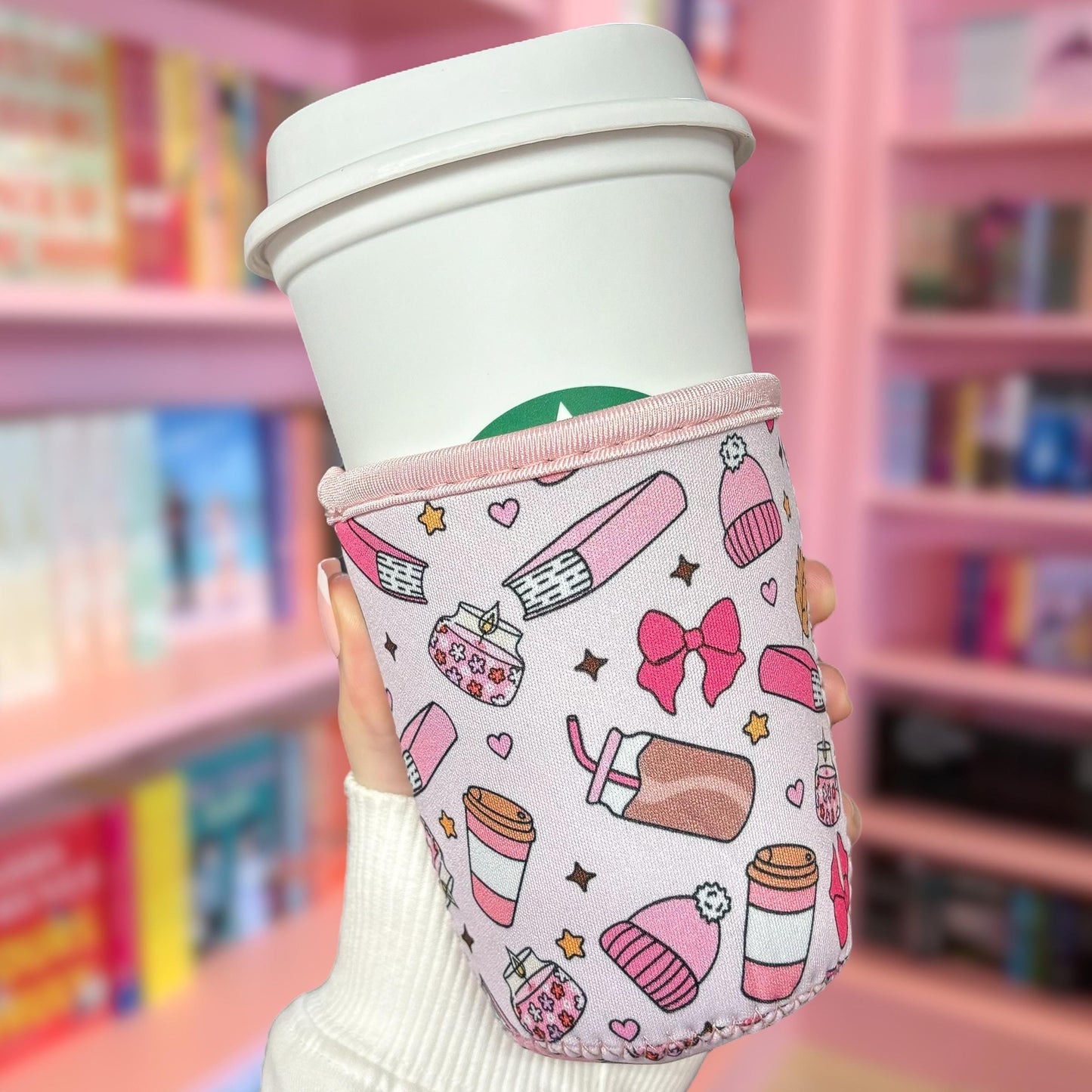 Hot Drinks Sleeve Cosy | Book Lover Gift | Coffee Lover Gift | Tea Lover Gift | Christmas Mug Sleeve | Neoprene Sleeve | Pink Book Aesthetic