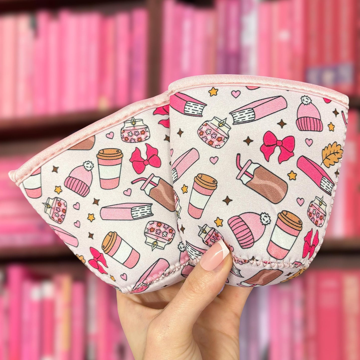 Hot Drinks Sleeve Cosy | Book Lover Gift | Coffee Lover Gift | Tea Lover Gift | Christmas Mug Sleeve | Neoprene Sleeve | Pink Book Aesthetic