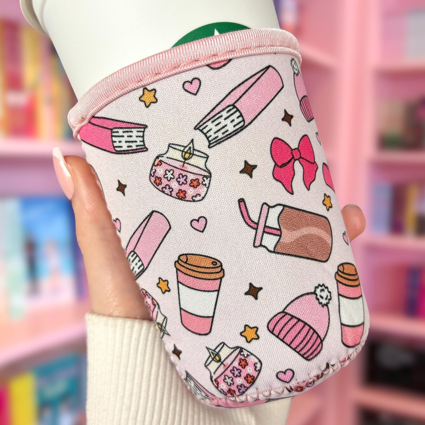 Hot Drinks Sleeve Cosy | Book Lover Gift | Coffee Lover Gift | Tea Lover Gift | Christmas Mug Sleeve | Neoprene Sleeve | Pink Book Aesthetic