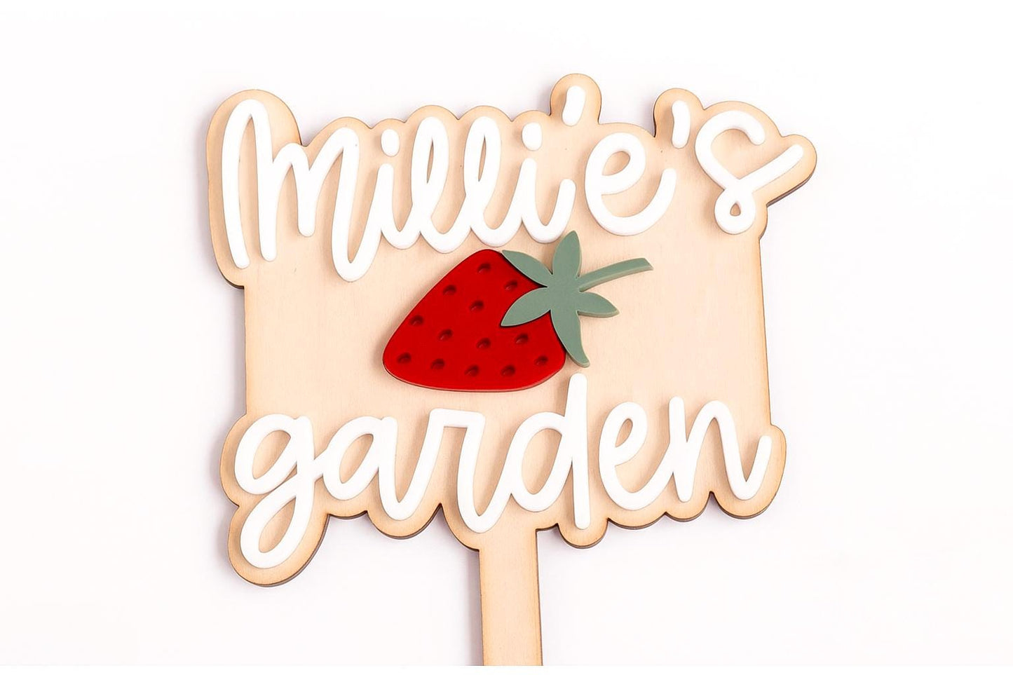 Personalised Wooden Garden Sign with Strawberry | Custom Acrylic Name Garden Stake | Kids Garden Marker | Outdoor Plant Gift for Children