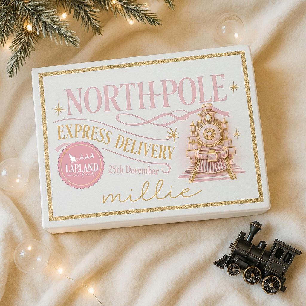 Personalised Christmas Eve Box – Pink North Pole Express Gift Box – Magnetic Keepsake Box – Custom Xmas Box for Kids – Lapland Delivery
