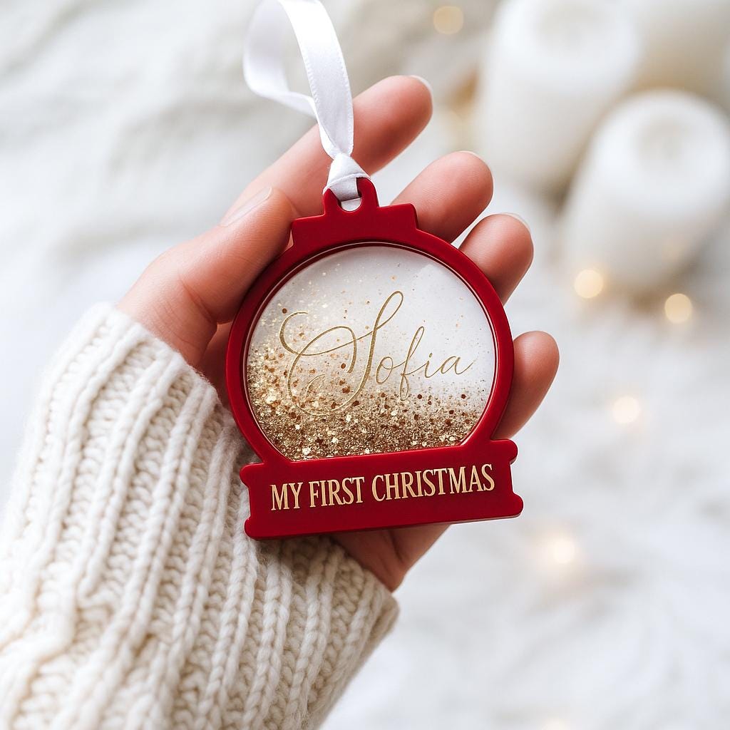 Personalised Glitter Snowglobe Bauble – Shaker Bauble - Baby’s First Christmas Ornament – Custom Name Glitter Keepsake Tree Decoration