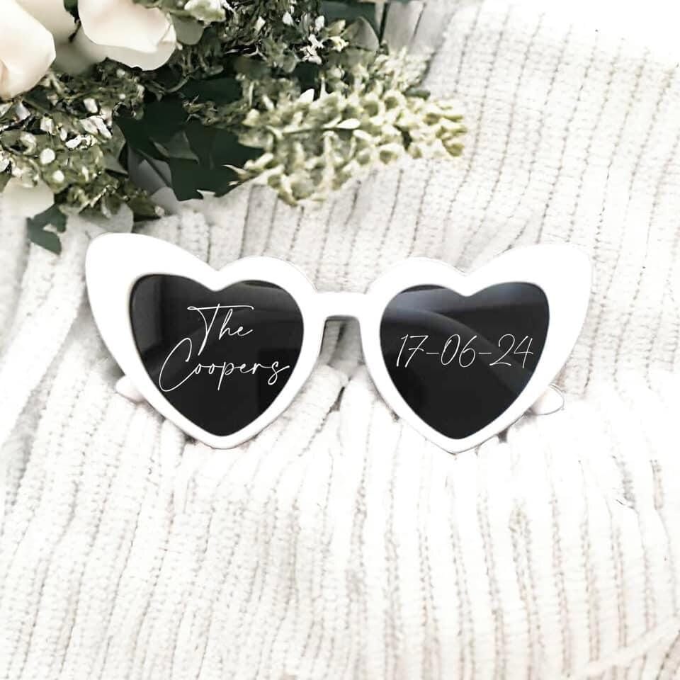 Personalised Wedding Heart Shaped Sunglasses | Personalised Sunglasses Sticker | Viral TikTok Sunglasses | Hen Party | White Sunglasses