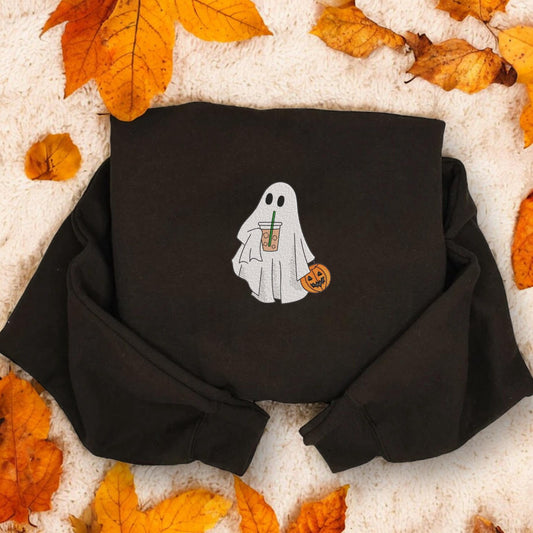 Iced Coffee Ghost Embroidered Sweatshirt | Spooky Season | Halloween Gift | Funny Halloween Shirt | Basic Witch Book Club Sweatshirt