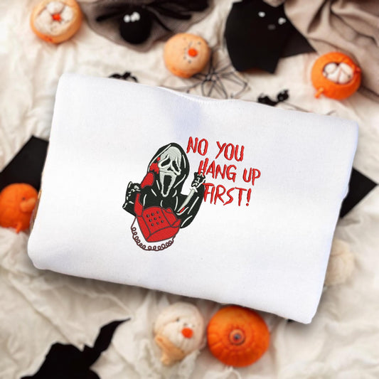 Scream Ghost Face Embroidered Jumper | No You Hang Up | Scream Movie Sweatshirt | Horror Movie Gift | Scream Crewneck Sweatshirt