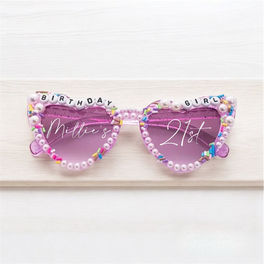 Personalised Birthday Girl Heart Shaped Sunglasses | Personalised Sunglasses Sticker | Viral TikTok Sunglasses | Party | Pink Sunglasses