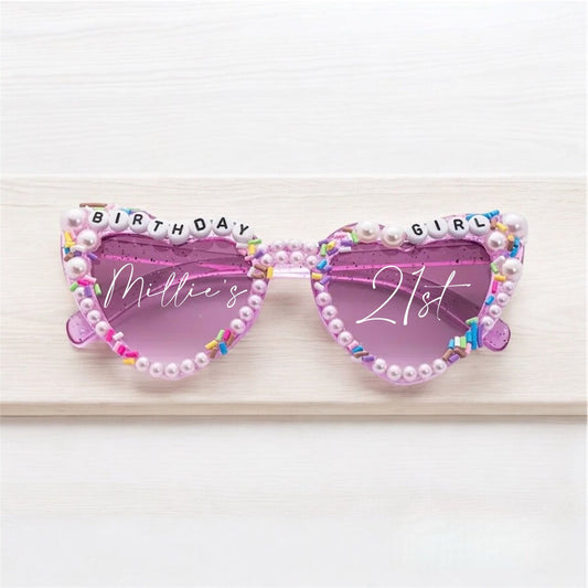 Personalised Birthday Girl Heart Shaped Sunglasses | Personalised Sunglasses Sticker | Viral TikTok Sunglasses | Party | Pink Sunglasses