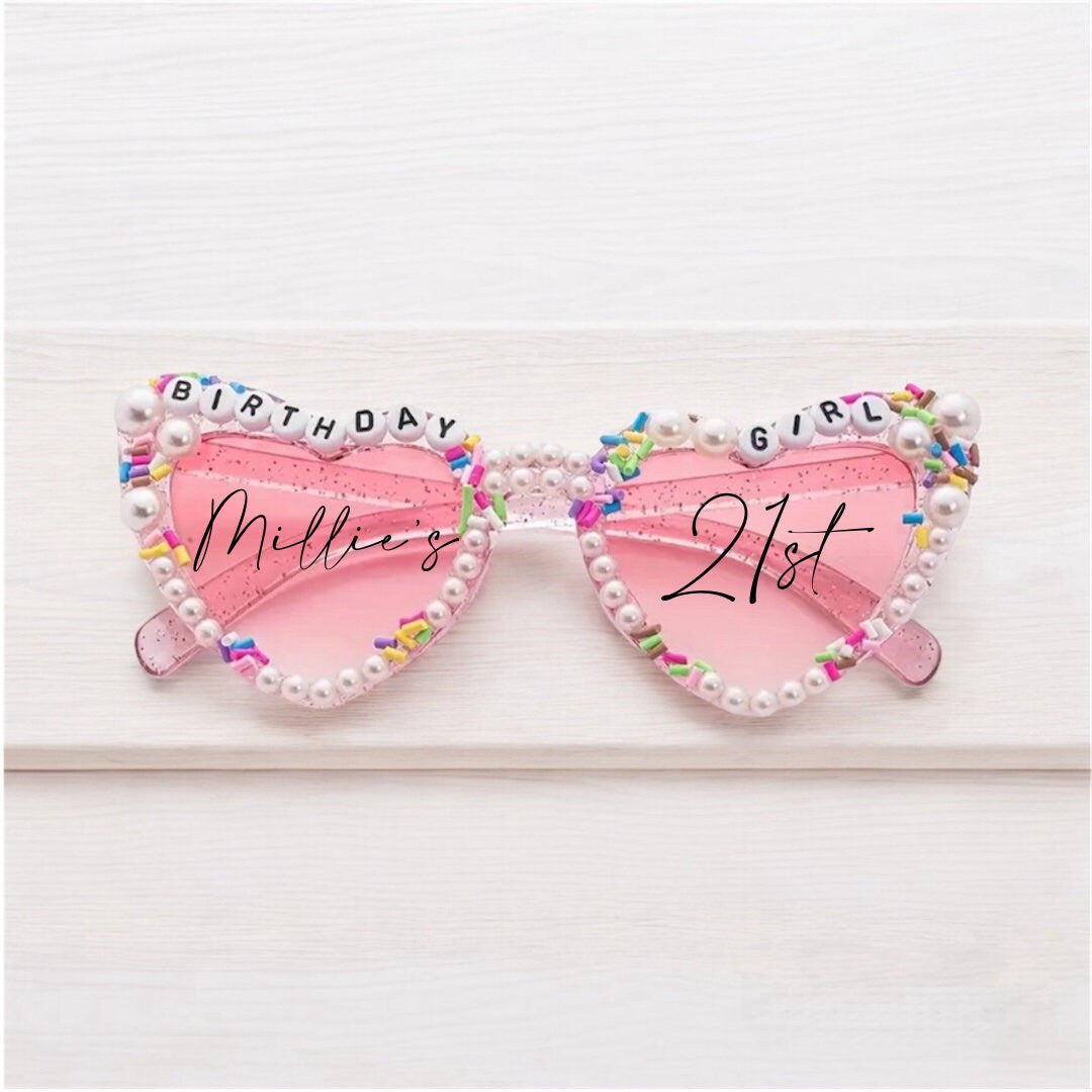 Personalised Birthday Girl Heart Shaped Sunglasses | Personalised Sunglasses Sticker | Viral TikTok Sunglasses | Party | Pink Sunglasses