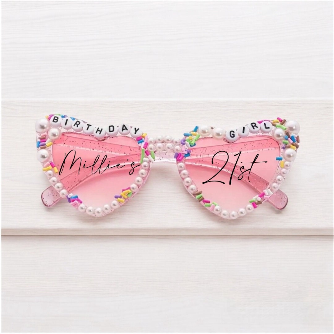 Personalised Birthday Girl Heart Shaped Sunglasses | Personalised Sunglasses Sticker | Viral TikTok Sunglasses | Party | Pink Sunglasses