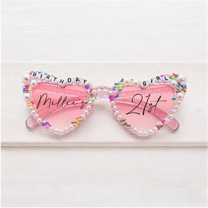 Personalised Birthday Girl Heart Shaped Sunglasses | Personalised Sunglasses Sticker | Viral TikTok Sunglasses | Party | Pink Sunglasses