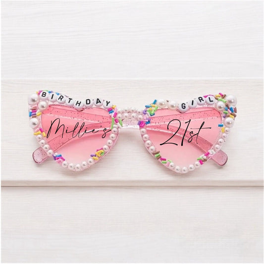 Personalised Birthday Girl Heart Shaped Sunglasses | Personalised Sunglasses Sticker | Viral TikTok Sunglasses | Party | Pink Sunglasses