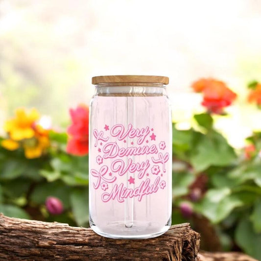 Very Demure Very Mindful 16oz Libbey Glass Cup | Cute Glass | Iced Coffee Cup | Bamboo Lid | Happy Libbey Cup 16Oz | Birthday Gift