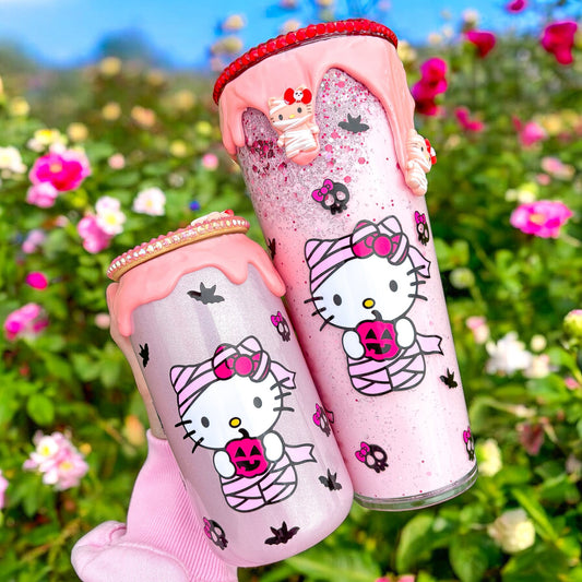 Pink Kitty 24oz Snowglobe Tumbler | Halloween Kitty | Rhinestone Drip Snow Globe | Spooky Season Cup