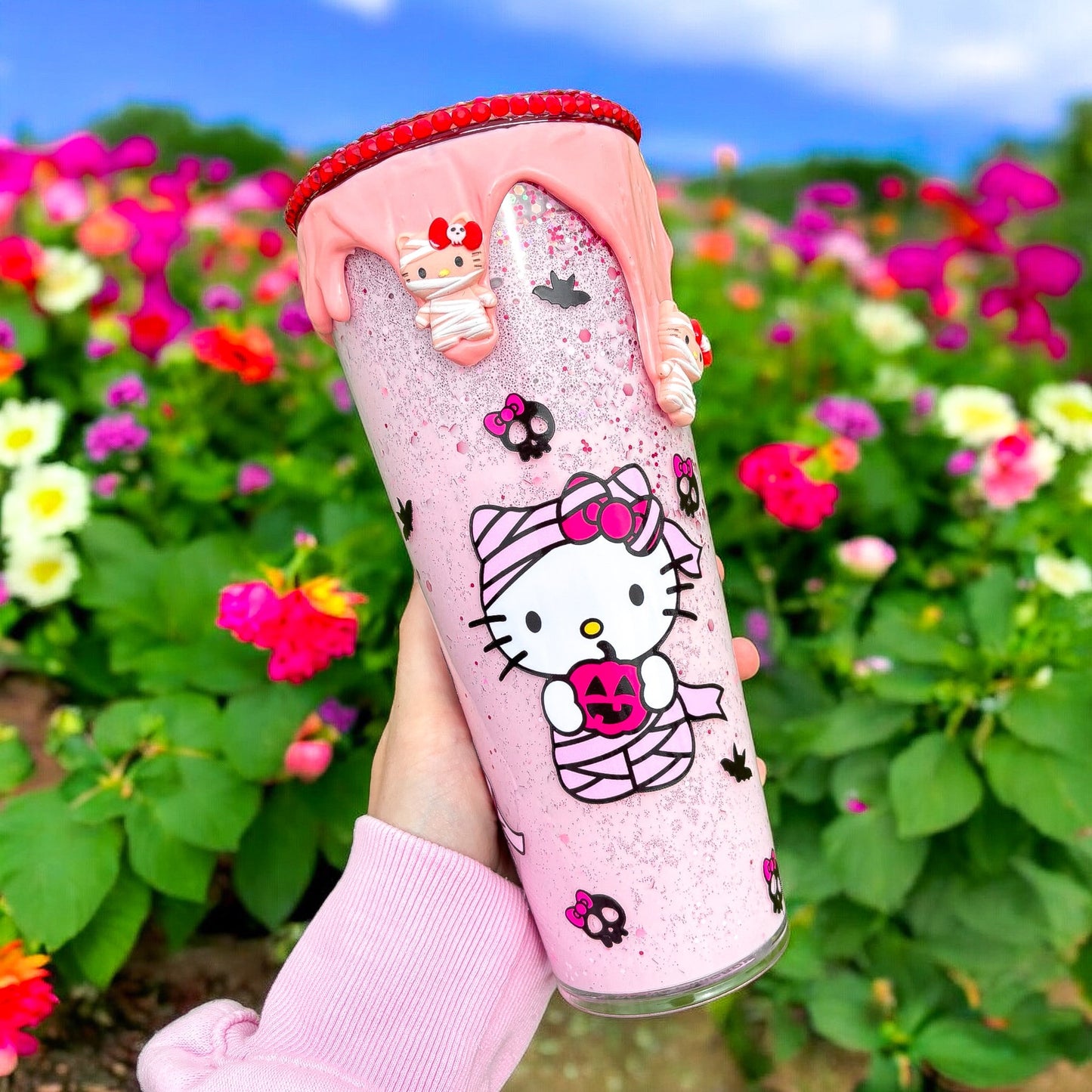 Pink Kitty 24oz Snowglobe Tumbler | Halloween Kitty | Rhinestone Drip Snow Globe | Spooky Season Cup