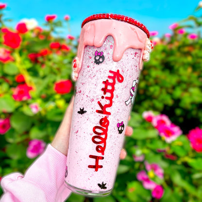 Pink Kitty 24oz Snowglobe Tumbler | Halloween Kitty | Rhinestone Drip Snow Globe | Spooky Season Cup