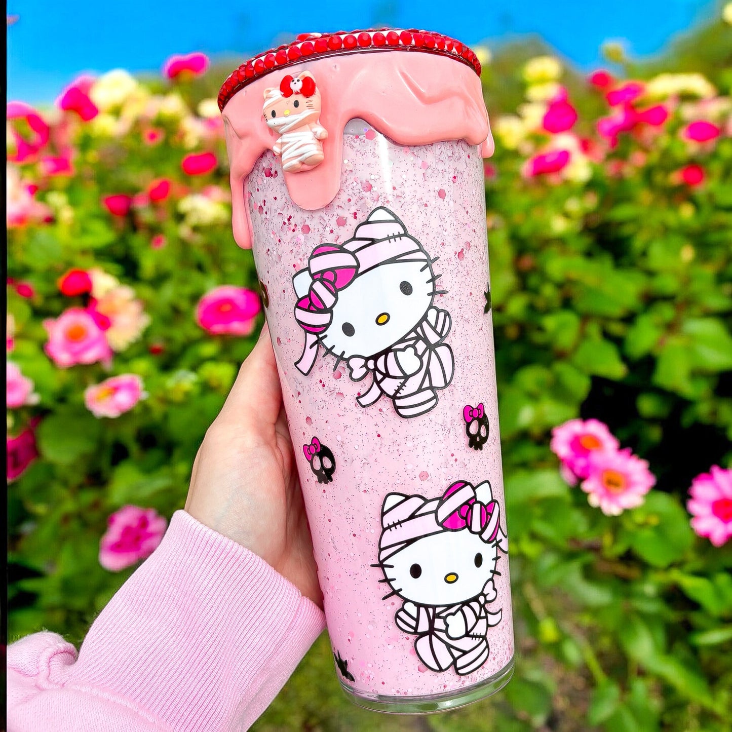 Pink Kitty 24oz Snowglobe Tumbler | Halloween Kitty | Rhinestone Drip Snow Globe | Spooky Season Cup
