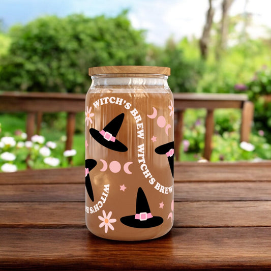 16oz Halloween Witches Brew Glass Cup | Gifts for Halloween Lovers | Spooky Drinkware | Bamboo Glass Can with Straw | Gifts for Friends