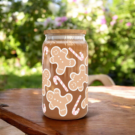 Christmas Gingerbread 16oz Libbey Glass Cup | Cute Glass | Iced Coffee Cup | Bamboo Lid | Happy Libbey Cup 16Oz | Christmas Eve Box