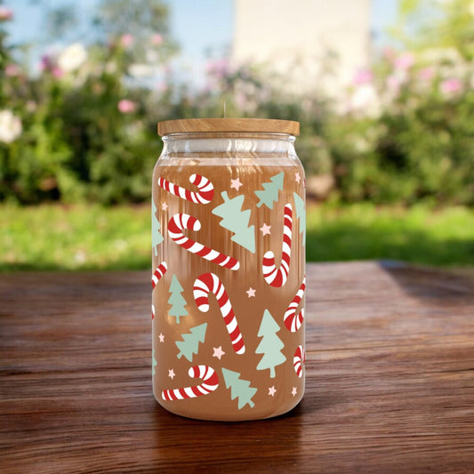 Christmas Candy Cane 16oz Libbey Glass Cup | Cute Glass | Iced Coffee Cup | Bamboo Lid | Happy Libbey Cup 16Oz | Christmas Eve Box