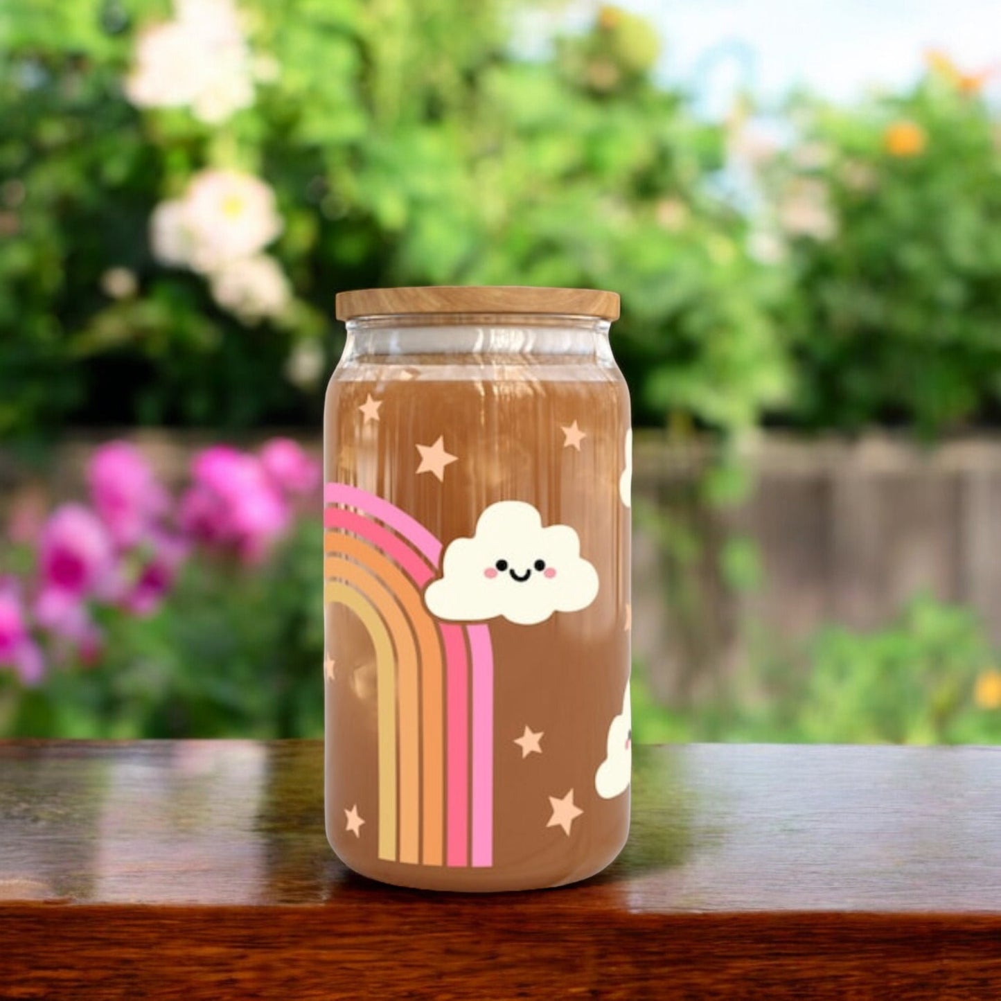 Cute Colourful Rainbow Cloud 16oz Libbey Glass Cup | Cute Glass | Iced Coffee Cup | Bamboo Lid | Happy Libbey Cup 16Oz | Birthday Gift