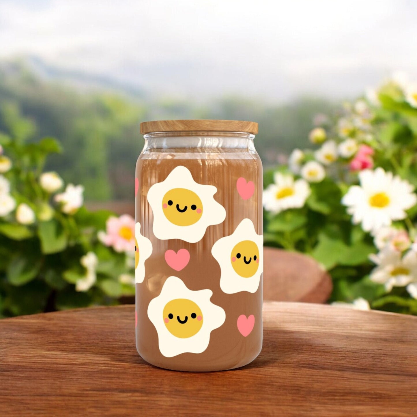 Cute Fried Egg 16oz Libbey Glass Cup | Cute Glass | Iced Coffee Cup | Bamboo Lid | Happy Libbey Cup 16Oz | Birthday Gift