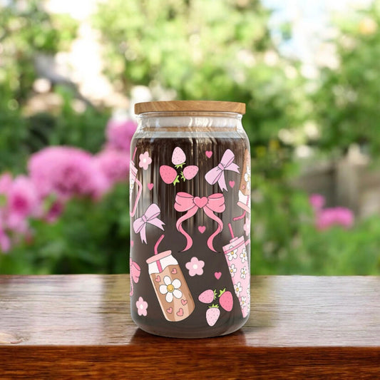 Cute Colourful Girlie 16oz Libbey Glass Cup | Cute Glass | Iced Coffee Cup | Bamboo Lid | Happy Libbey Cup 16Oz | Birthday Gift