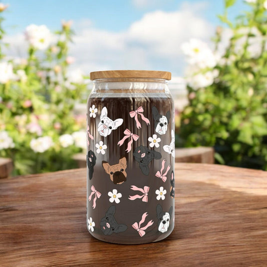 Cute French Bulldog 16oz Libbey Glass Cup | Cute Glass | Iced Coffee Cup | Bamboo Lid | Happy Libbey Cup 16Oz | Birthday Gift