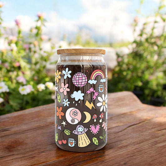 Cute Colourful Doodles 16oz Libbey Glass Cup | Cute Glass | Iced Coffee Cup | Bamboo Lid | Happy Libbey Cup 16Oz | Birthday Gift