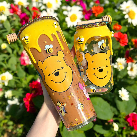 Spring Honey Bear Drip 24oz Snowglobe Tumbler | Starbucks Inspired  | Rhinestone Lid | Honeycomb Cold Cup | Personalised Tumbler