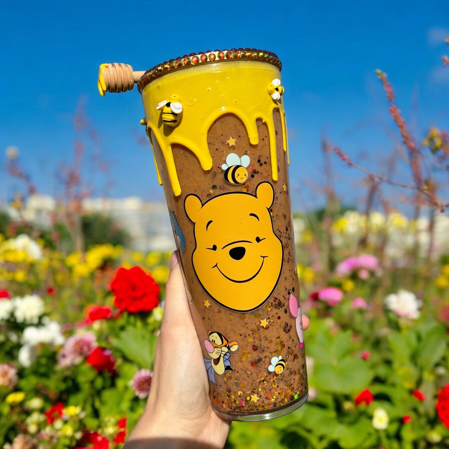 Spring Honey Bear Drip 24oz Snowglobe Tumbler | Starbucks Inspired  | Rhinestone Lid | Honeycomb Cold Cup | Personalised Tumbler