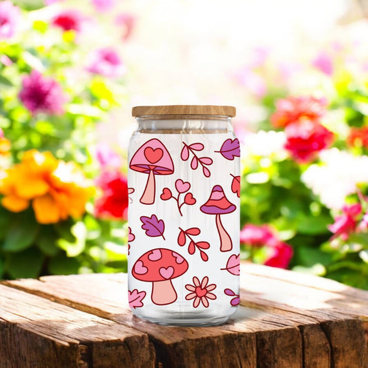 16oz Boho Mushroom Glass Cup | Daisy Flower Glass | Toadstool Mug | Mushroom Mug | Groovy Can | Iced Coffee Glass | Pumpkin Spice Latte