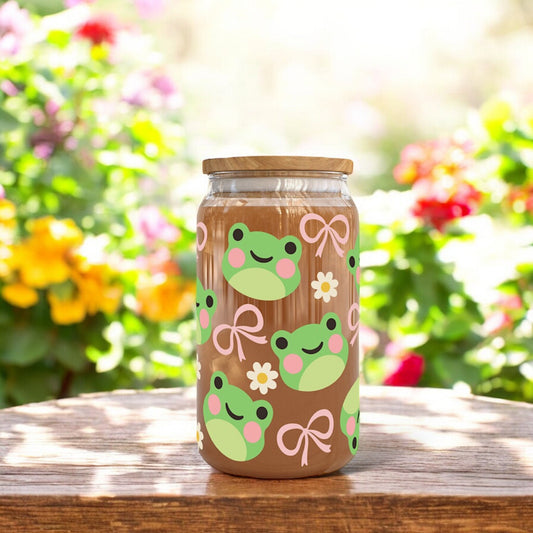 16oz Frogs and Bows Glass Cup | Gifts for Frog Lovers | Cute Drinkware | Bamboo Glass Can with Glass Straw | Gifts for Friends | Birthday