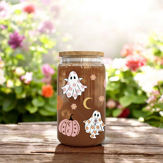 16oz Halloween Boho Ghost Glass Cup | Gifts for Halloween Lovers | Spooky Drinkware | Bamboo Glass Can with Glass Straw | Gifts for Friends