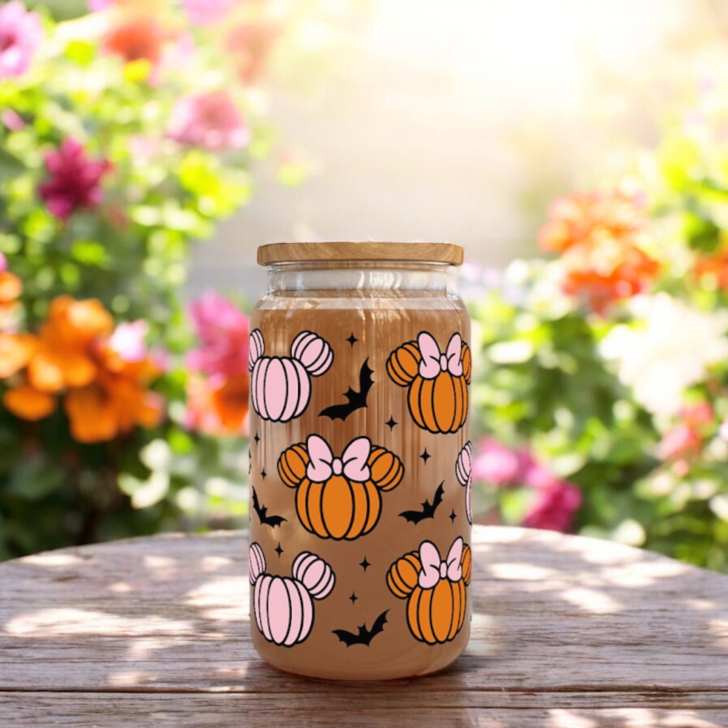 16oz Halloween Pumpkin Glass Cup | Gifts for Halloween Lovers | Spooky Drinkware | Bamboo Glass Can with Glass Straw | Gifts for Friends