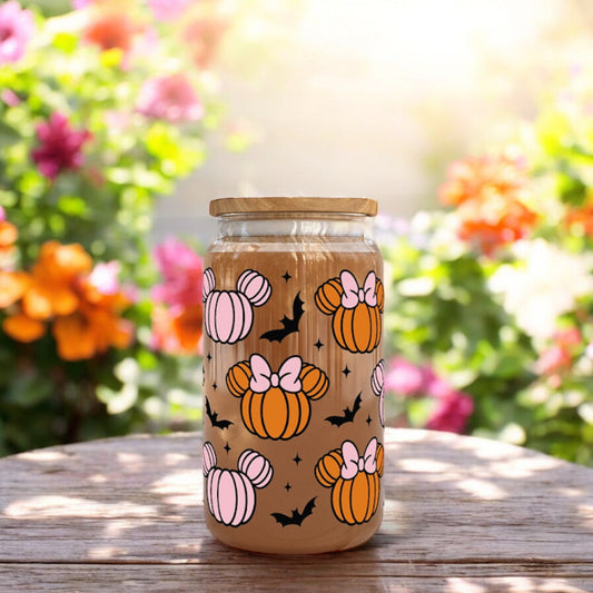 16oz Halloween Pumpkin Glass Cup | Gifts for Halloween Lovers | Spooky Drinkware | Bamboo Glass Can with Glass Straw | Gifts for Friends