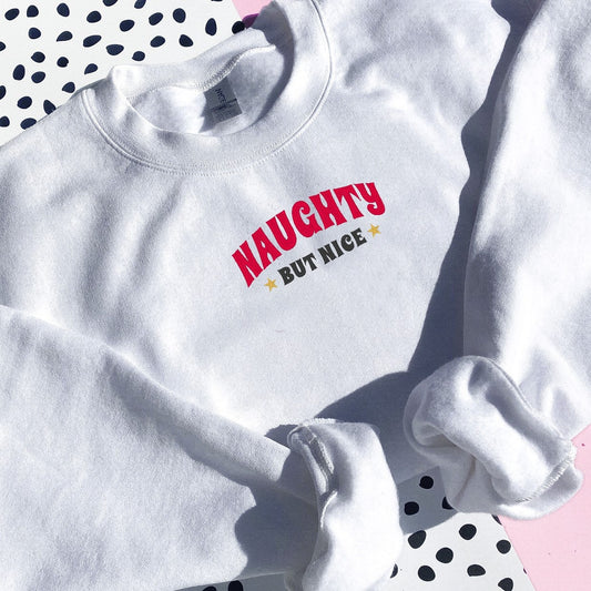 Naughty but Nice Embroidered Sweatshirt Hoodie | Holiday Jumper | Cute Christmas Sweatshirt | Santa Christmas Sweatshirt