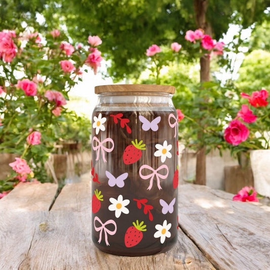 Cute Girly 16Oz Cup | Strawberry Cup | Girlie Bows | Cosy Book | Girly Reader | Coffee Cup | Cute Gift | Book Lover Iced Coffee Can Glass
