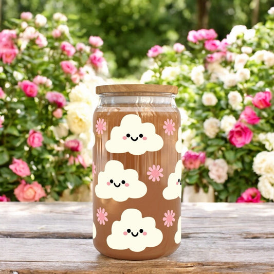 Cute Colourful Rainbow Cloud 16oz Libbey Glass Cup | Cute Glass | Iced Coffee Cup | Bamboo Lid | Happy Libbey Cup 16Oz | Birthday Gift