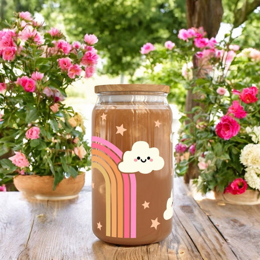 Cute Colourful Rainbow Cloud 16oz Libbey Glass Cup | Cute Glass | Iced Coffee Cup | Bamboo Lid | Happy Libbey Cup 16Oz | Birthday Gift