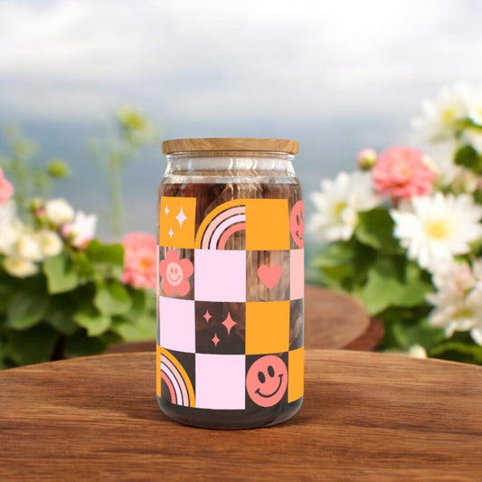 70s Vintage Libbey Glass Can, Cute Drinkware, 16oz Glass Can Retro, Retro Glass Can, Glass Cup, Rainbow, Groovy Can Glass, Galentines