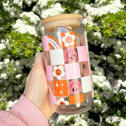 70s Vintage Libbey Glass Can, Cute Drinkware, 16oz Glass Can Retro, Retro Glass Can, Glass Cup, Rainbow, Groovy Can Glass, Galentines