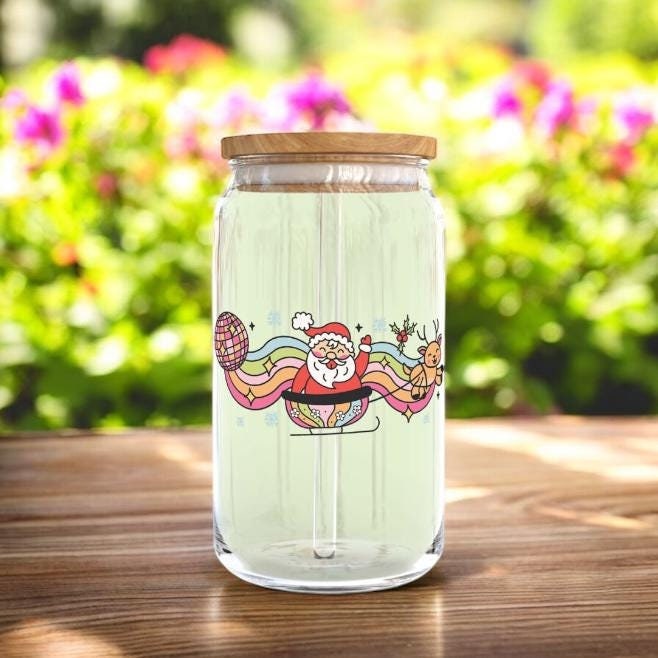 Christmas Glass Mug With Lid & Straw | Christmas Cup | Glass Christmas Hot Chocolate Mug |Stocking filler | Reindeer Mug